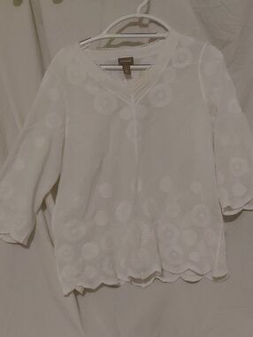 Chicos White Eyelet V-Neck Tunic with Scalloped Hem